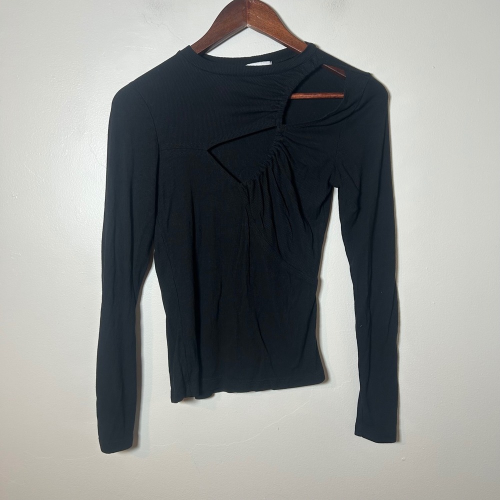 LNA Black Ribbed‎ Ruched Cutout Long Sleeve Top Womens Size Small